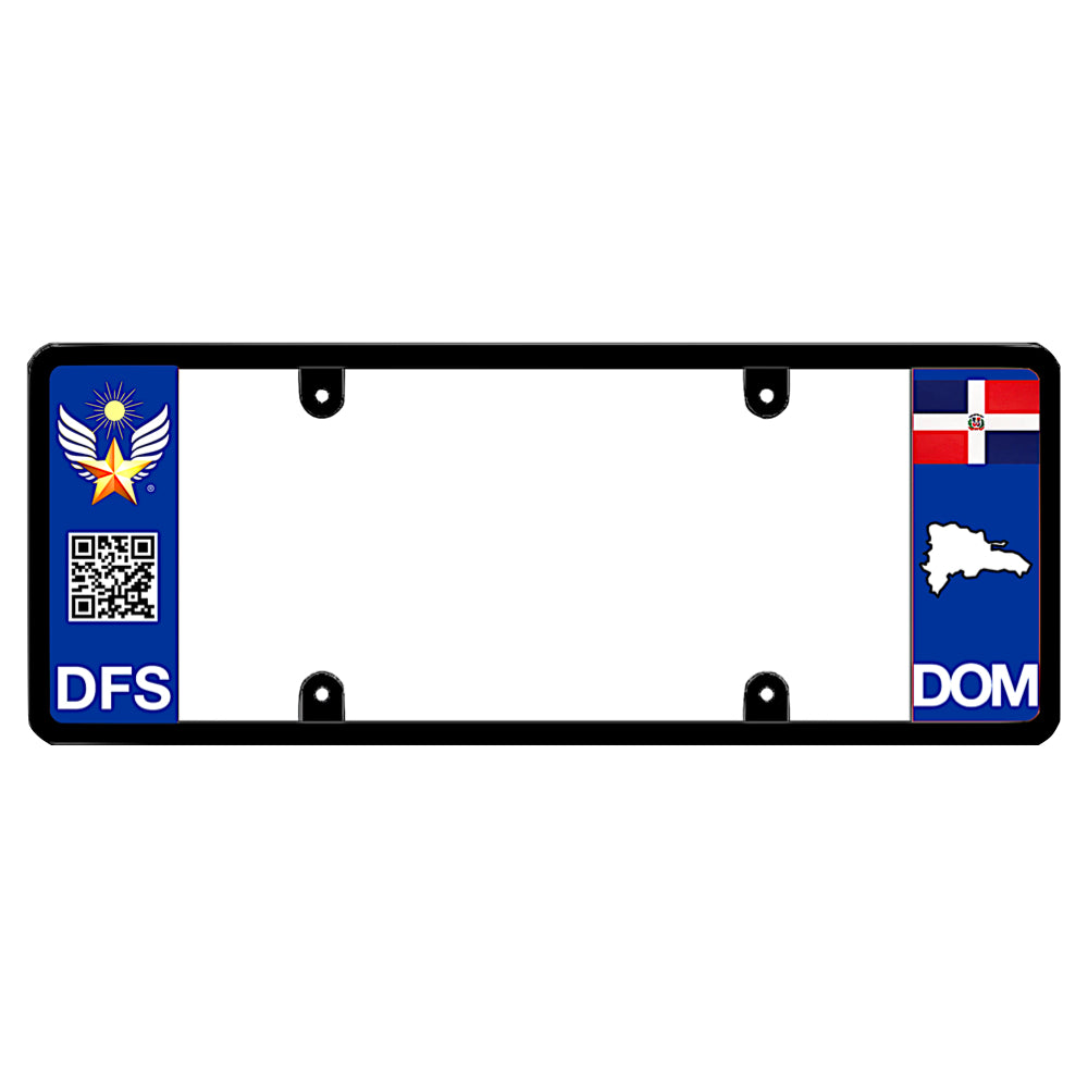 DFS Black license plate frame featuring a blue left panel with a gold star wing logo, a scannable QR code, and white DFS text, and a blue right panel displaying the Dominican Republic flag above a white island map shape and DOM text