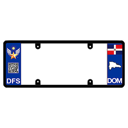 DFS Black license plate frame featuring a blue left panel with a gold star wing logo, a scannable QR code, and white DFS text, and a blue right panel displaying the Dominican Republic flag above a white island map shape and DOM text