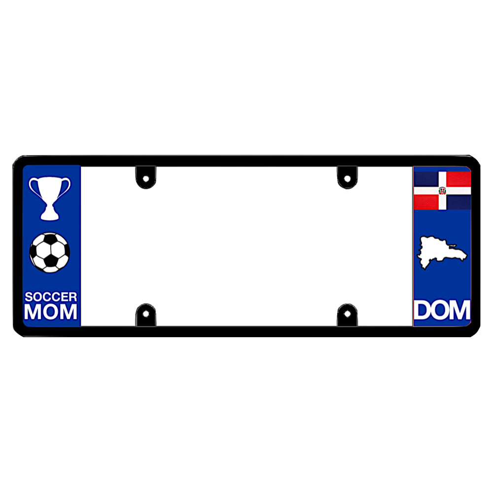 World cup license plate frame featuring a white trophy and soccer ball graphic above white Soccer Mom lettering on the left blue panel, and a Dominican Republic flag above a white island map outline and DOM lettering on the right blue panel patented by DFS