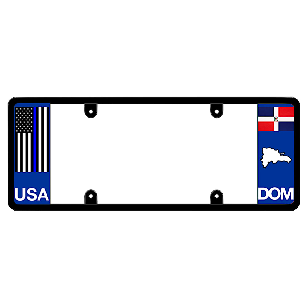 Police license plate frame featuring a vertical thin blue line American flag above white USA lettering on the left blue panel, and a Dominican Republic flag above a white island map outline and DOM lettering on the right blue panel patented by DFS