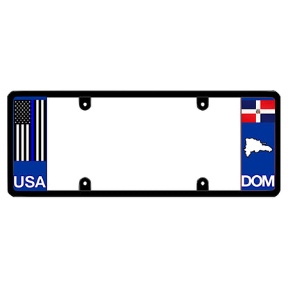 Police license plate frame featuring a vertical thin blue line American flag above white USA lettering on the left blue panel, and a Dominican Republic flag above a white island map outline and DOM lettering on the right blue panel patented by DFS