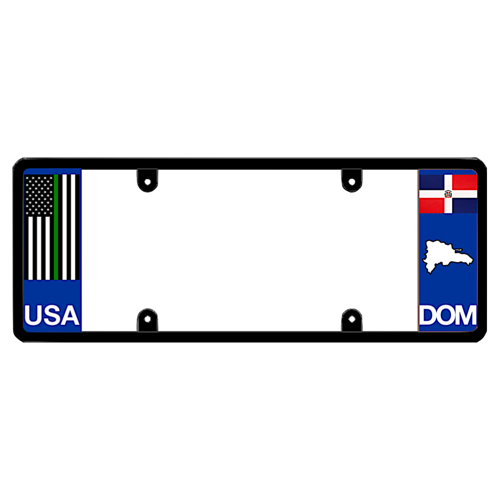 DFS license plate frame featuring a vertical thin green line American flag above white USA lettering on the left blue panel, and a Dominican Republic flag above a white island map outline and DOM lettering on the right blue panel