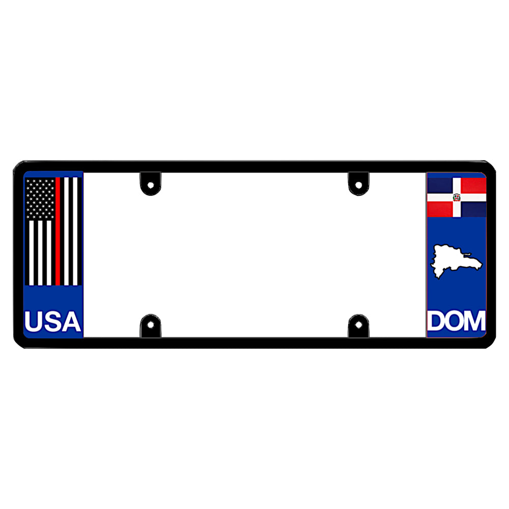 Firefighters license plate frame featuring a vertical thin red line American flag above white USA lettering on the left blue panel, and a Dominican Republic flag above a white island map outline and DOM lettering on the right blue panel patented by DFSbrands.com