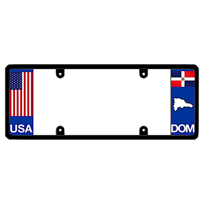 Black license plate frame featuring a traditional red, white, and blue American flag above white USA lettering on the left blue panel, and a Dominican Republic flag above a white island map outline and DOM lettering on the right blue panel