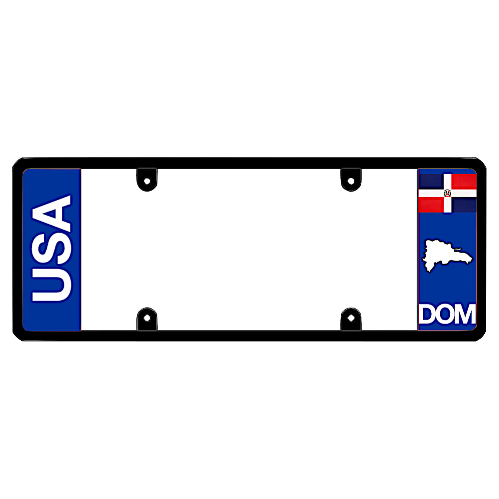 Black license plate frame featuring a vertical blue panel with white USA lettering on the left, and a blue panel with the Dominican Republic flag above a white island map shape and DOM lettering on the right patented by DFSbrandscom