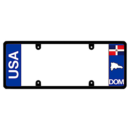 Black license plate frame featuring a vertical blue panel with white USA lettering on the left, and a blue panel with the Dominican Republic flag above a white island map shape and DOM lettering on the right patented by DFSbrandscom