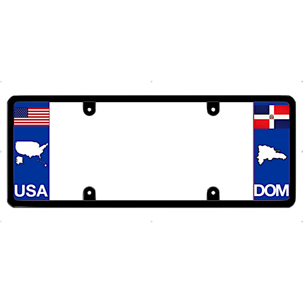 License plate frame with DOMINICAN REPUBLIC and USA flags on a white background