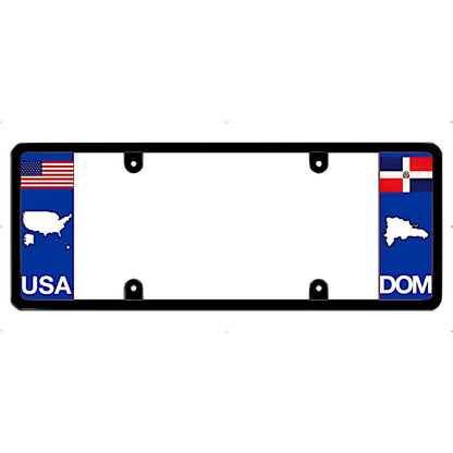 License plate frame with DOMINICAN REPUBLIC and USA flags on a white background