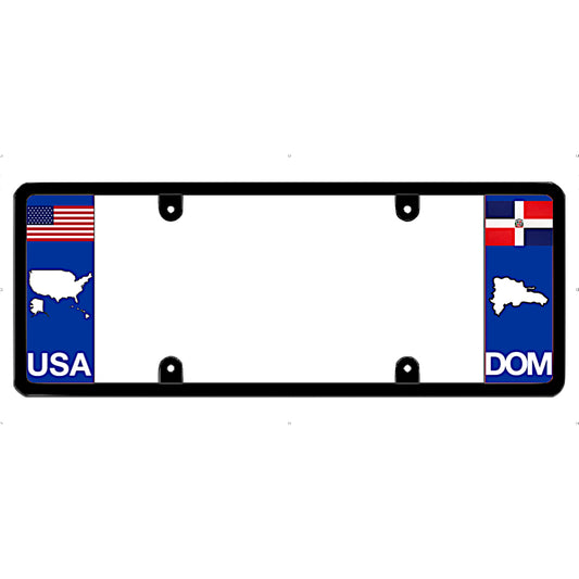 License plate frame with DOMINICAN REPUBLIC and USA flags on a white background