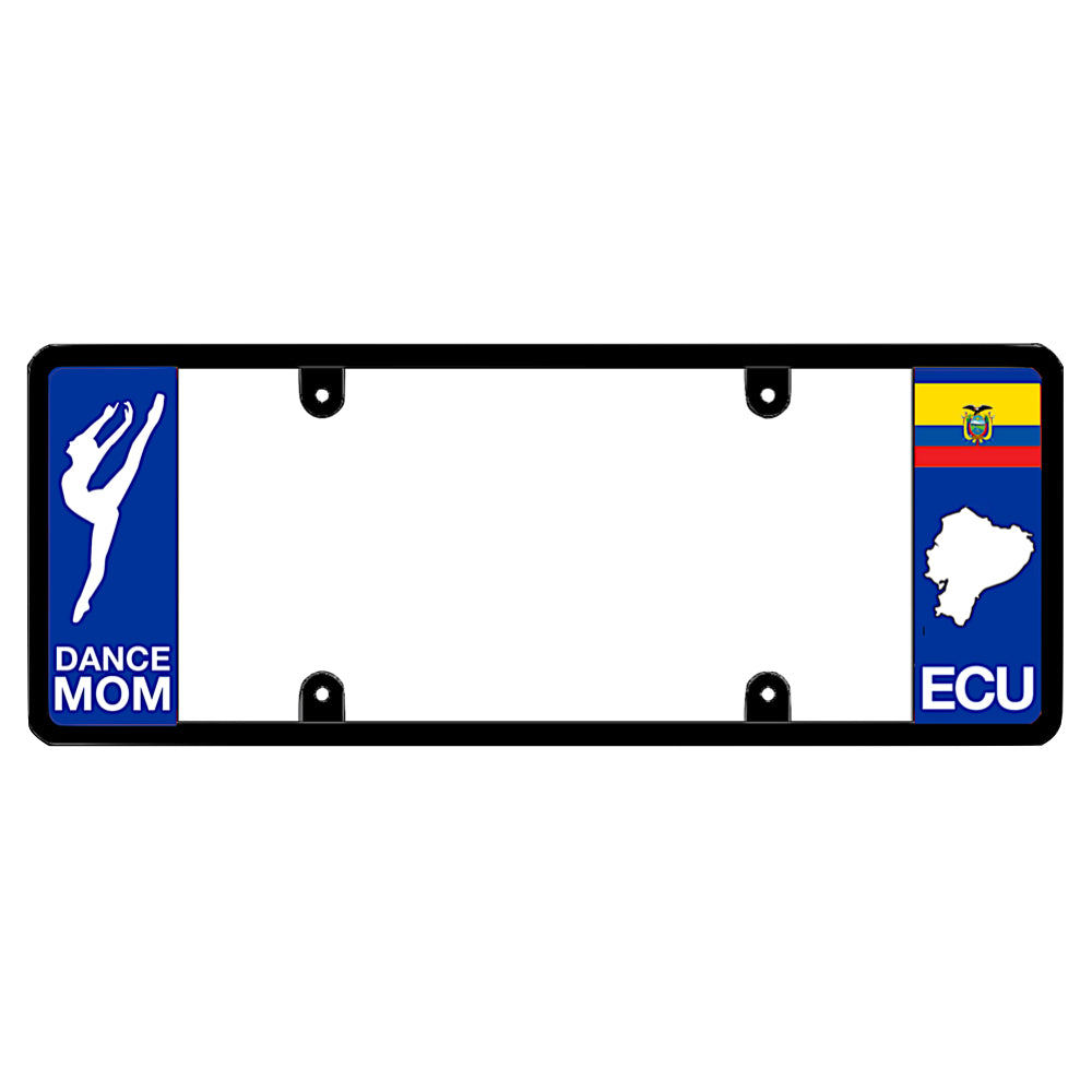 Ecuadorian license plate frame with a dance mom graphic on the left and an Ecuador flag on the right by DFS Brands.