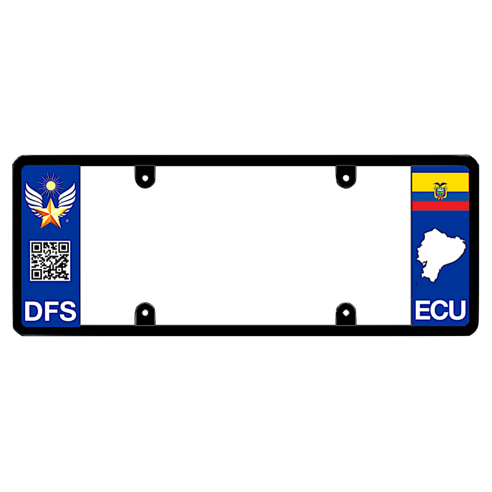 Ecuadorian license plate frame with a scan QR code panel on the left and an Ecuador flag on the right by DFS Brands.