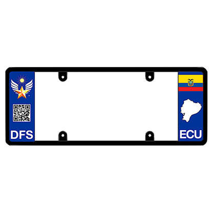 Ecuadorian license plate frame with a scan QR code panel on the left and an Ecuador flag on the right by DFS Brands.