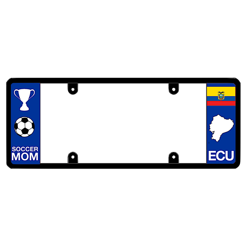 Ecuadorian license plate frame with a soccer mom graphic on the left and an Ecuador flag on the right by DFS Brands.