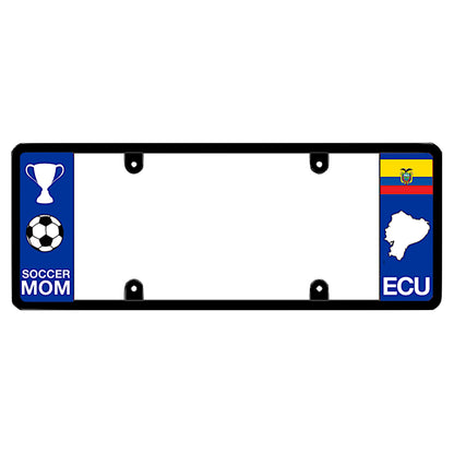Ecuadorian license plate frame with a soccer mom graphic on the left and an Ecuador flag on the right by DFS Brands.