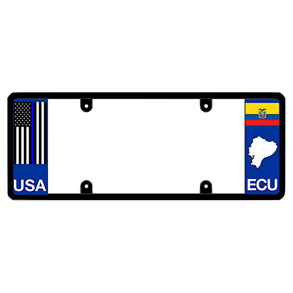 Ecuadorian license plate frame with a thin blue line flag on the left and an Ecuador flag on the right by DFS Brands.