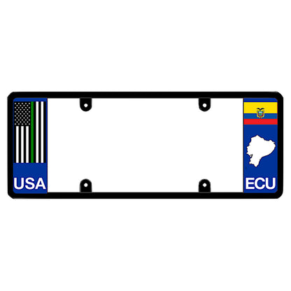 Ecuadorian license plate frame with a thin green line flag on the left and an Ecuador flag on the right by DFS Brands.