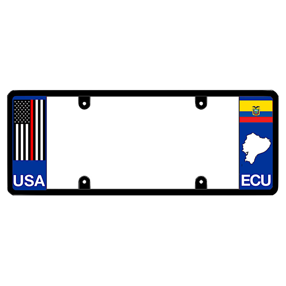 Ecuadorian license plate frame with a thin red line flag on the left and an Ecuador flag on the right by DFS Brands.