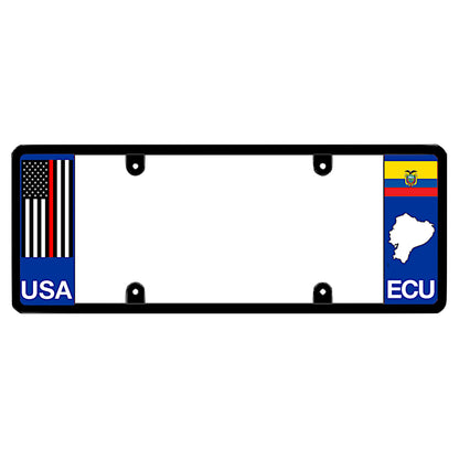 Ecuadorian license plate frame with a thin red line flag on the left and an Ecuador flag on the right by DFS Brands.