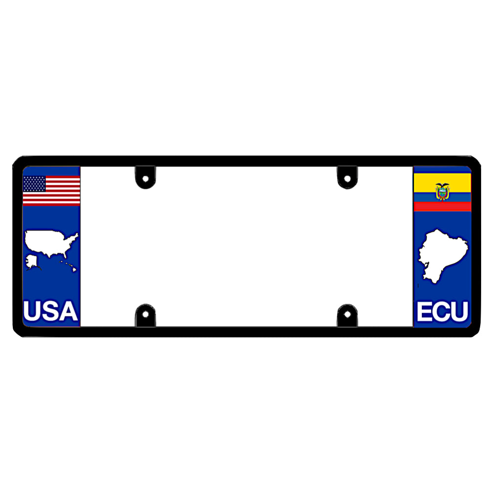 Ecuadorian license plate frame with a USA map graphic on the left and an Ecuador flag on the right by DFS Brands.