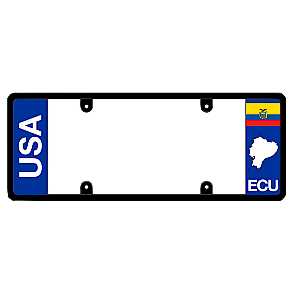 Ecuadorian license plate frame with bold vertical USA text on the left and an Ecuador flag on the right by DFS Brands.