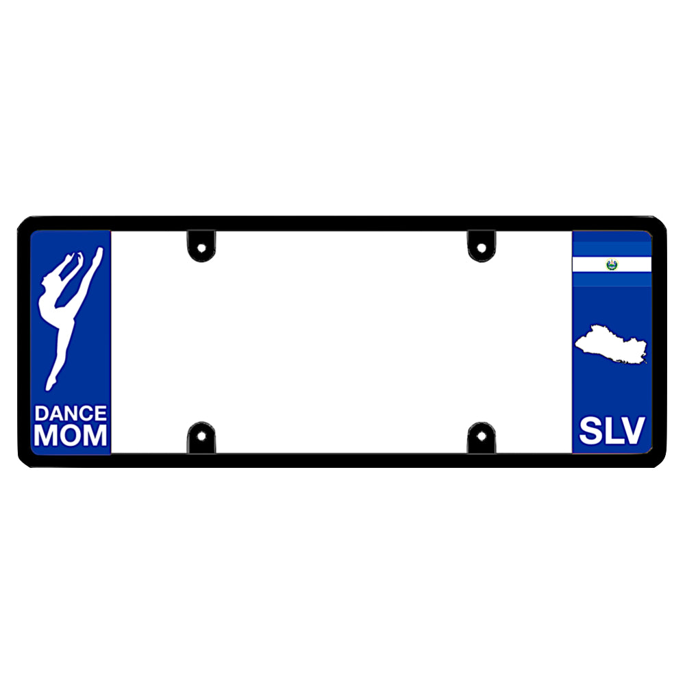 Salvadoran license plate frame with a dance mom graphic on the left and an El Salvador flag on the right by DFS Brands.