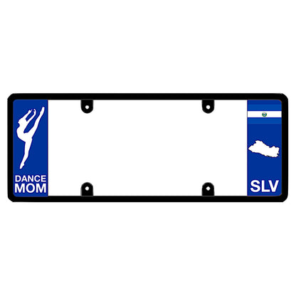 Salvadoran license plate frame with a dance mom graphic on the left and an El Salvador flag on the right by DFS Brands.