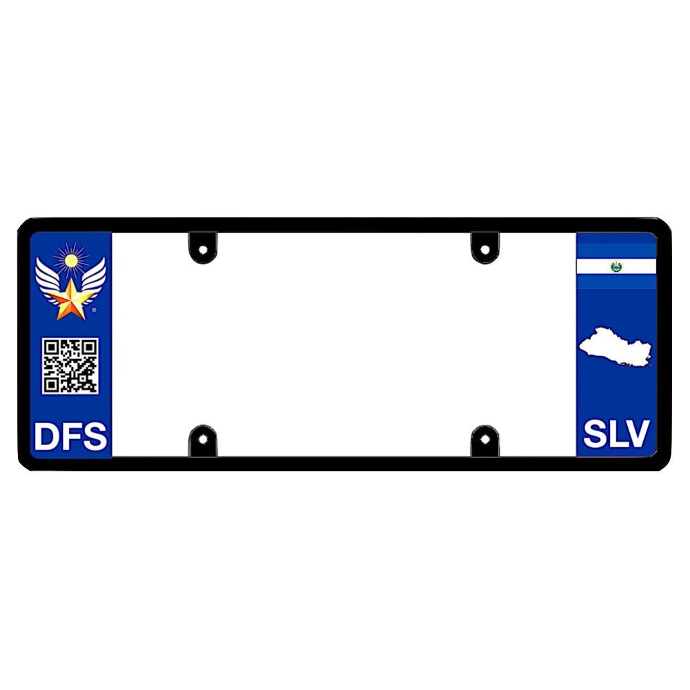 Salvadoran license plate frame with a scan QR code panel on the left and an El Salvador flag on the right by DFS Brands.