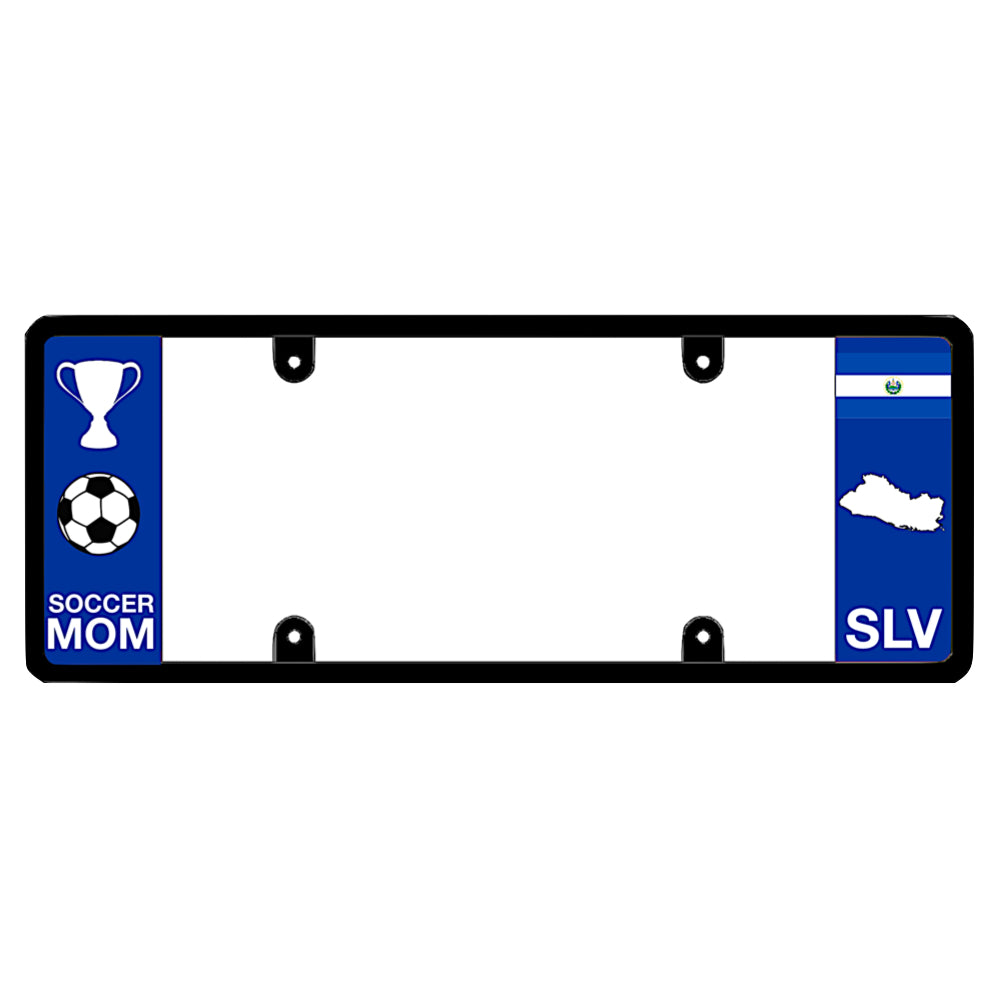 Salvadoran license plate frame with a soccer mom graphic on the left and an El Salvador flag on the right by DFS Brands.