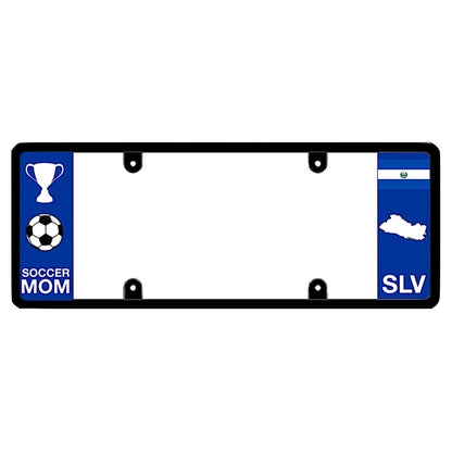 Salvadoran license plate frame with a soccer mom graphic on the left and an El Salvador flag on the right by DFS Brands.