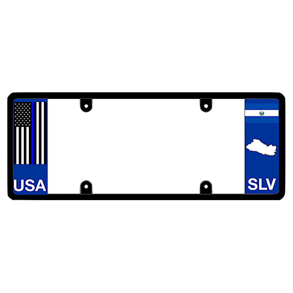 Salvadoran license plate frame with a thin blue line flag on the left and an El Salvador flag on the right by DFS Brands.