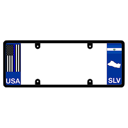 Salvadoran license plate frame with a thin blue line flag on the left and an El Salvador flag on the right by DFS Brands.