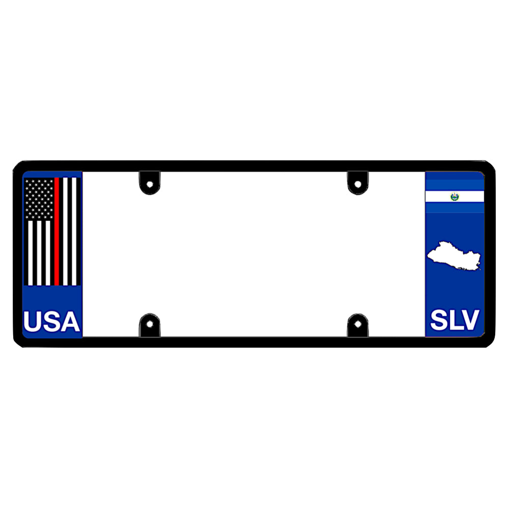 Salvadoran license plate frame with a thin red line flag on the left and an El Salvador flag on the right by DFS Brands.