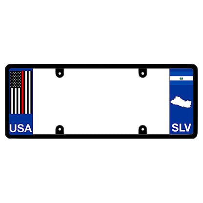 Salvadoran license plate frame with a thin red line flag on the left and an El Salvador flag on the right by DFS Brands.