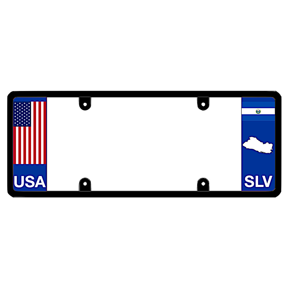 Salvadoran license plate frame with a USA flag graphic on the left and an El Salvador flag on the right by DFS Brands.