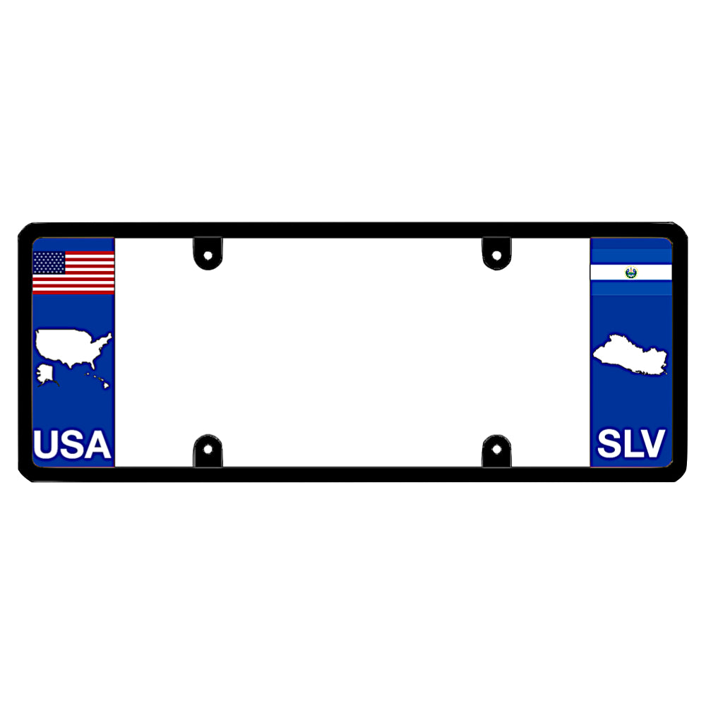 Salvadoran license plate frame with a USA map graphic on the left and an El Salvador flag on the right by DFS Brands.

