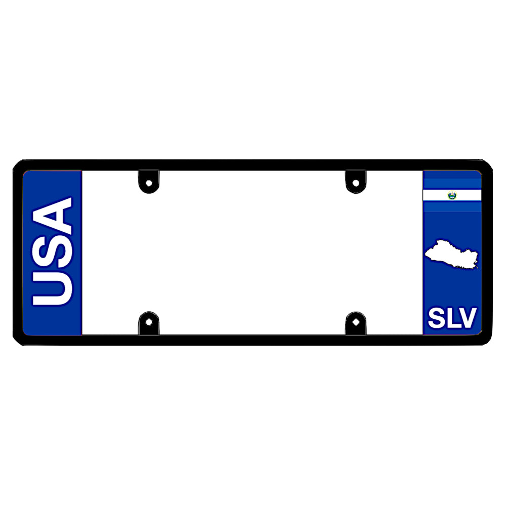 Salvadoran license plate frame with bold vertical USA text on the left and an El Salvador flag on the right by DFS Brands.