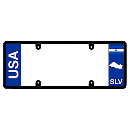 Salvadoran license plate frame with bold vertical USA text on the left and an El Salvador flag on the right by DFS Brands.