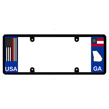 License plate frame with thin red line USA and Georgia designs on a white background