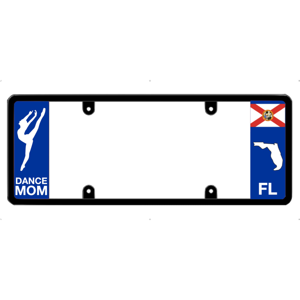 License plate frame with a dance mom graphic on the left and a Florida flag on the right by DFS Brands.
