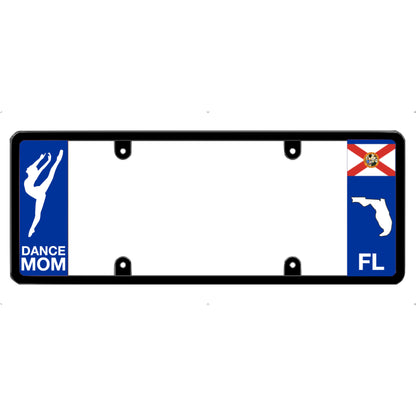 License plate frame with a dance mom graphic on the left and a Florida flag on the right by DFS Brands.