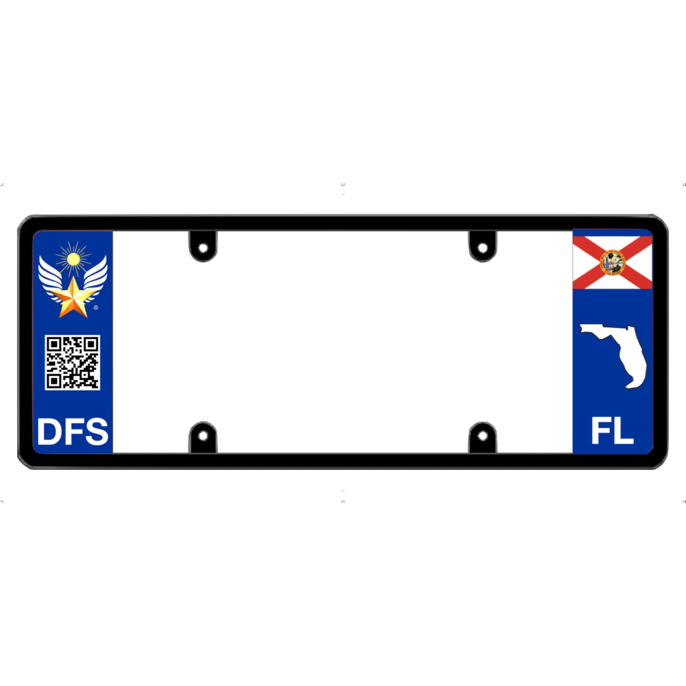 Official DFS patented license plate frame featuring custom brand graphics on the left and a Florida flag on the right.