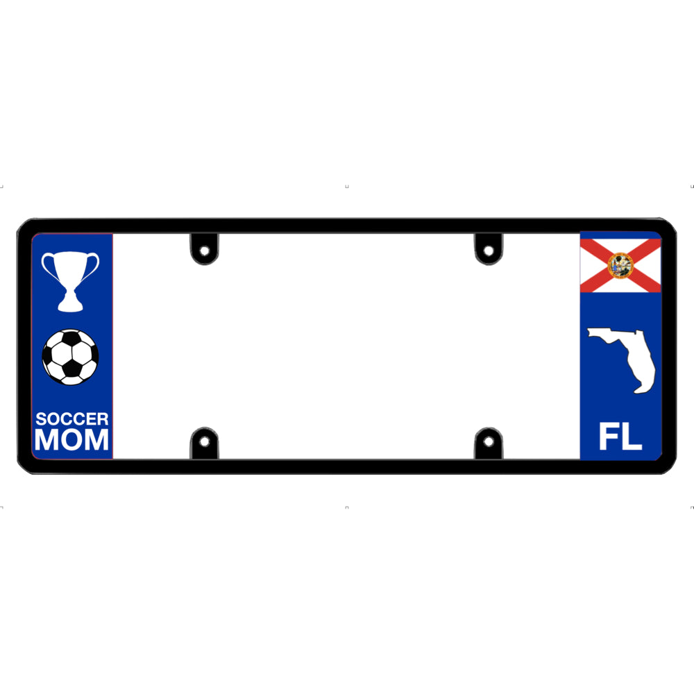 License plate frame with a soccer mom graphic on the left and a Florida flag on the right by DFS Brands.
