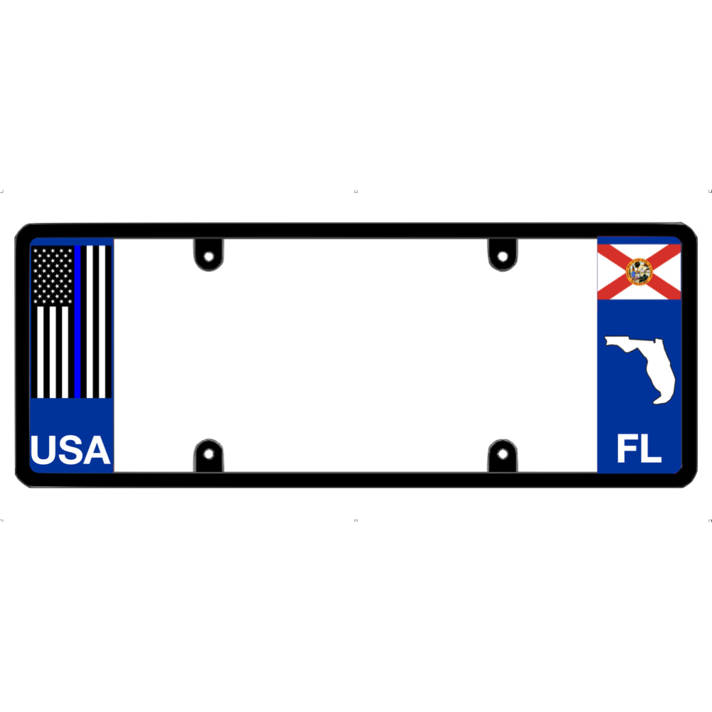 License plate frame with a thin blue line flag on the left and a Florida flag on the right by DFS Brands.