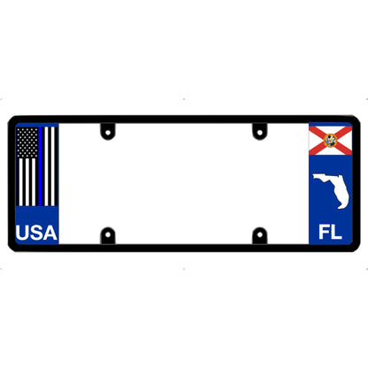 License plate frame with a thin blue line flag on the left and a Florida flag on the right by DFS Brands.
