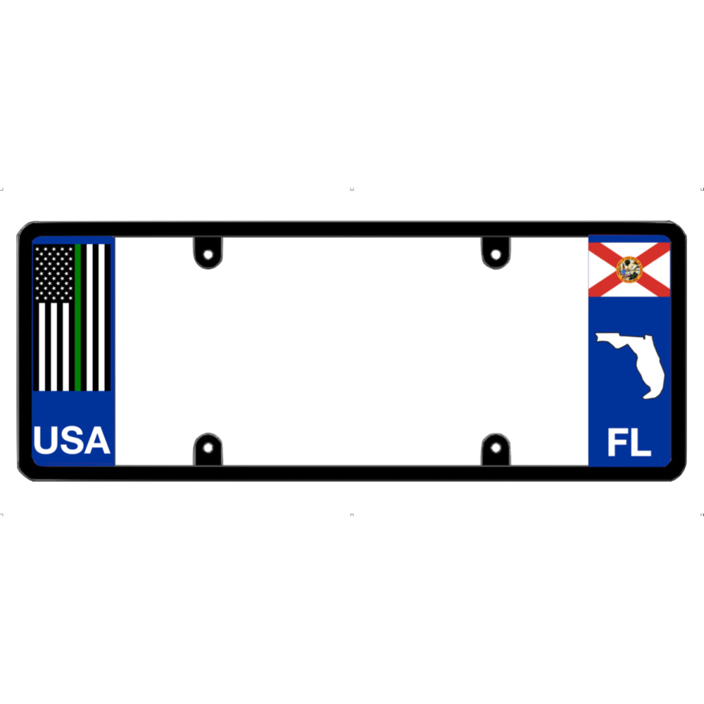 License plate frame with a thin green line flag on the left and a Florida flag on the right by DFS Brands.