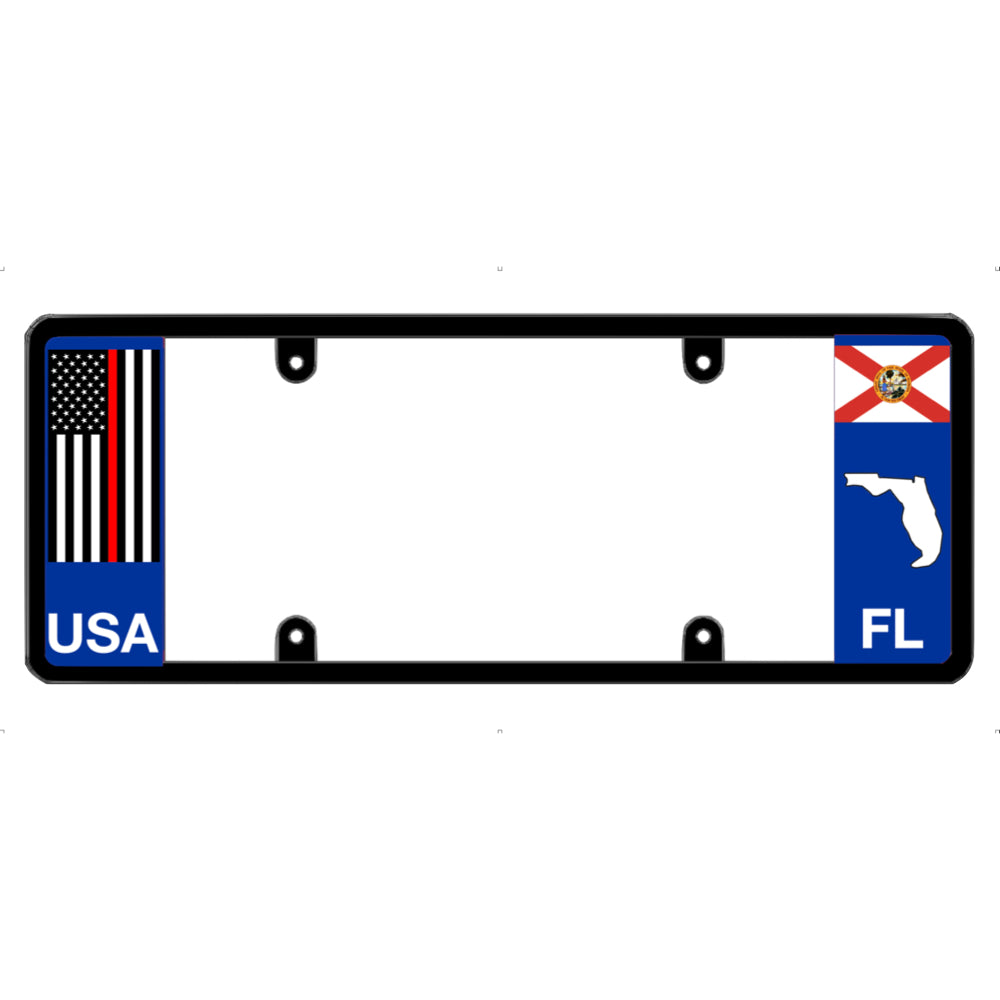 License plate frame with a thin red line flag on the left and a Florida flag on the right by DFS Brands.