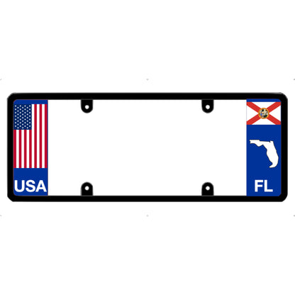 License plate frame with a USA flag graphic on the left and a Florida flag on the right by DFS Brands.