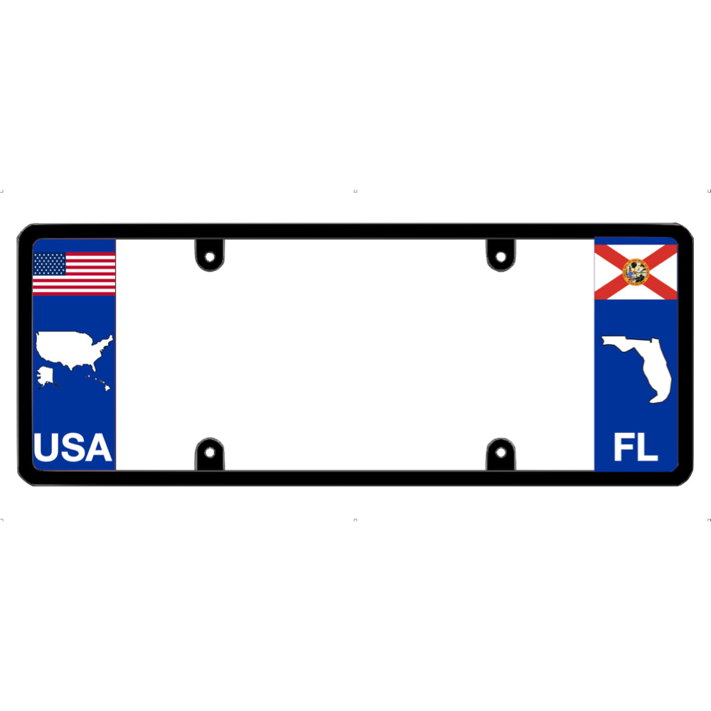 License plate frame with a USA map graphic on the left and a Florida flag on the right by DFS Brands.