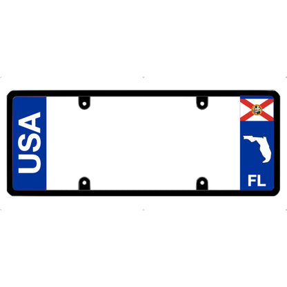 License plate frame with bold vertical USA text on the left and a Florida flag on the right by DFS Brands.