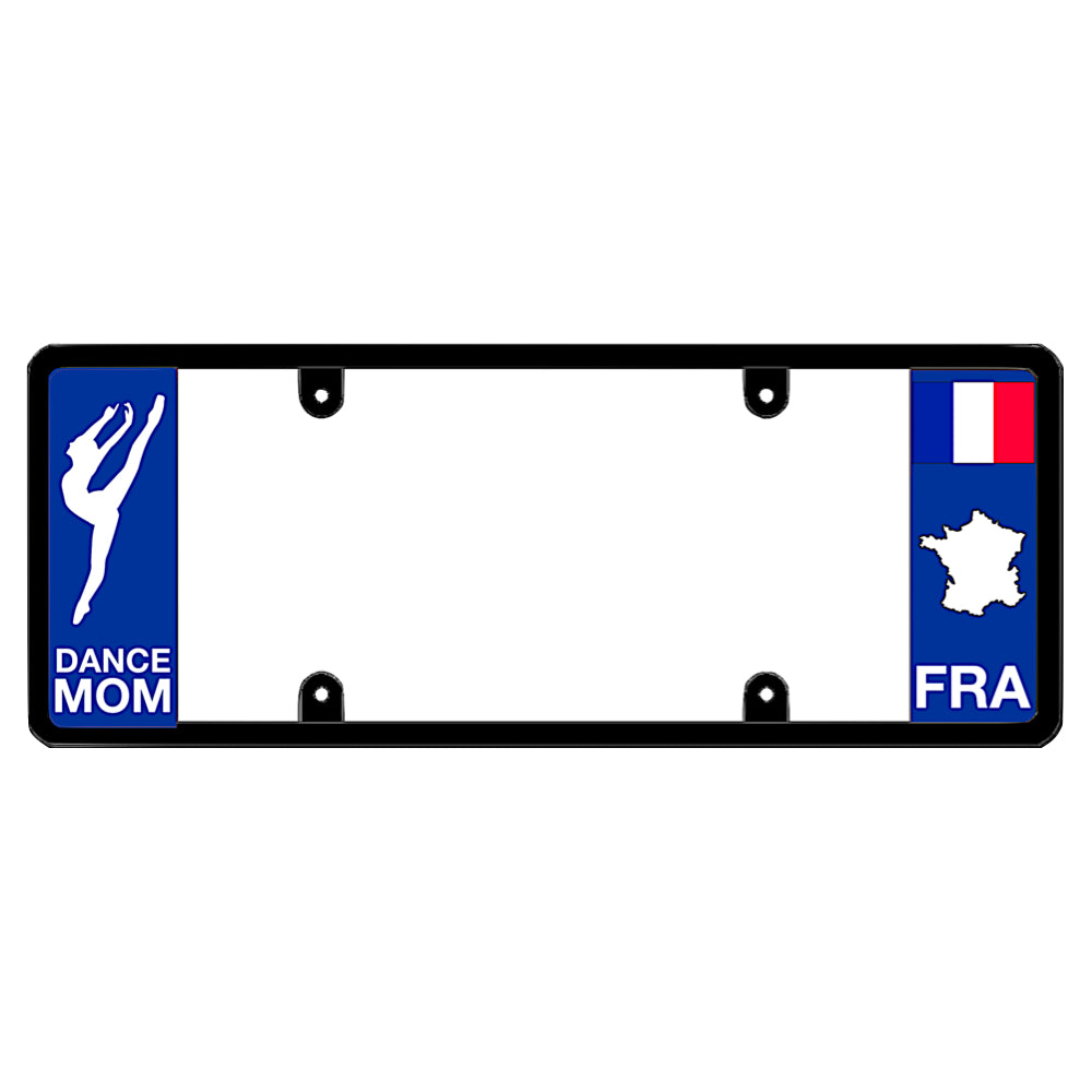 French license plate frame by DFS featuring a patented elongated design with a dancer silhouette and "DANCE MOM" text on the left wing, and the France tricolor flag, FRA text, and France map outline on the right